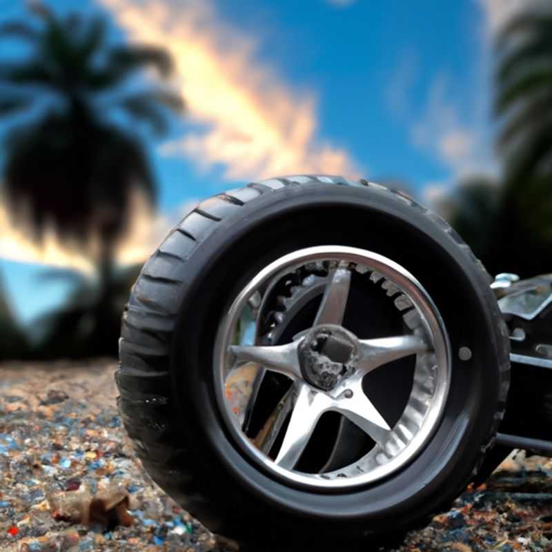 Close-up of high-performance wheels and rims for an RC car.